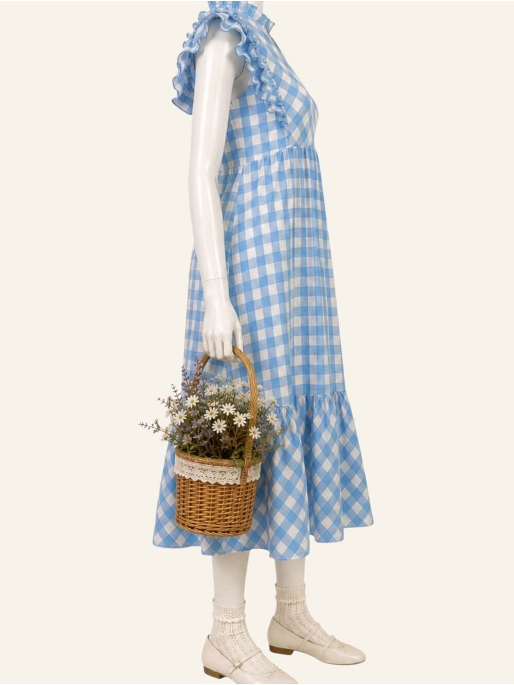 Umgee Blue Gingham Ruffle Midi Dress Small Cottagecore Prairie Pockets NWT - Picture 4 of 7